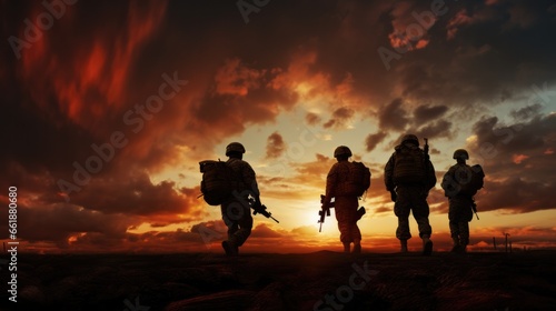 World War Soldiers Silhouette Below Cloudy Skyline At sunset