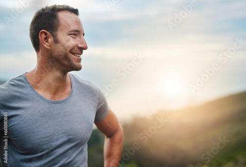 Fotografie Thinking, space or happy man in park, outdoor or naturecwith confidence, good mood or freedom