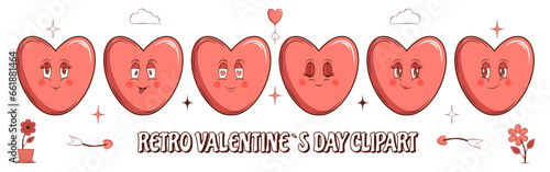 Set of stickers Groovy lovely cartoon face characters Heart. Retro Happy Valentines Day. Trendy retro 60s 70s style. Red, pink colors. Vector