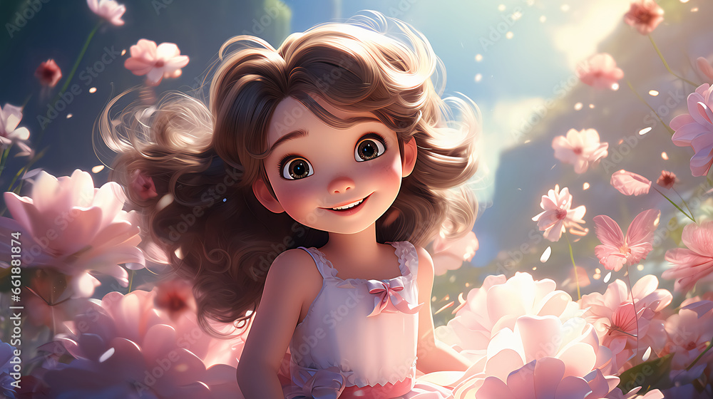 Fototapeta premium Cute cartoon girl on the background of flowers generative ai
