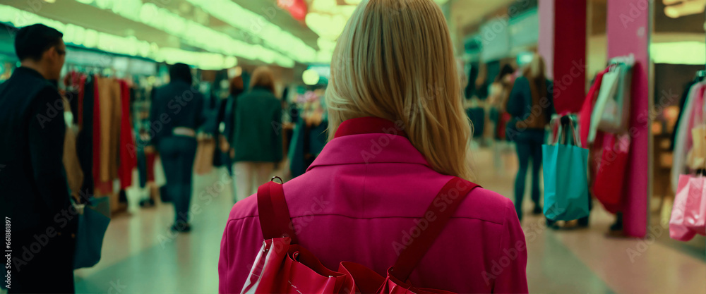 Back view of a blonde woman wearing pink clothes and accessories in a crowded shopping hallway. Banner format.