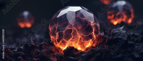 Burning magical crystal ball of flames, fire elemental spirit trapped inside, embedded into rocky magma ground. photo