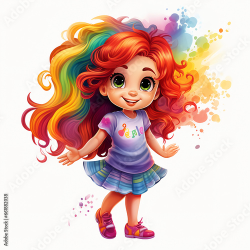 Cute cartoon girl with rainbow hair generative ai