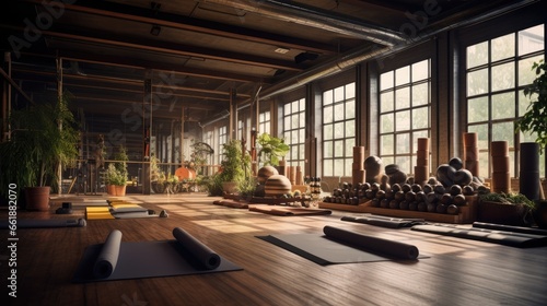 Yoga gym interior with equipment