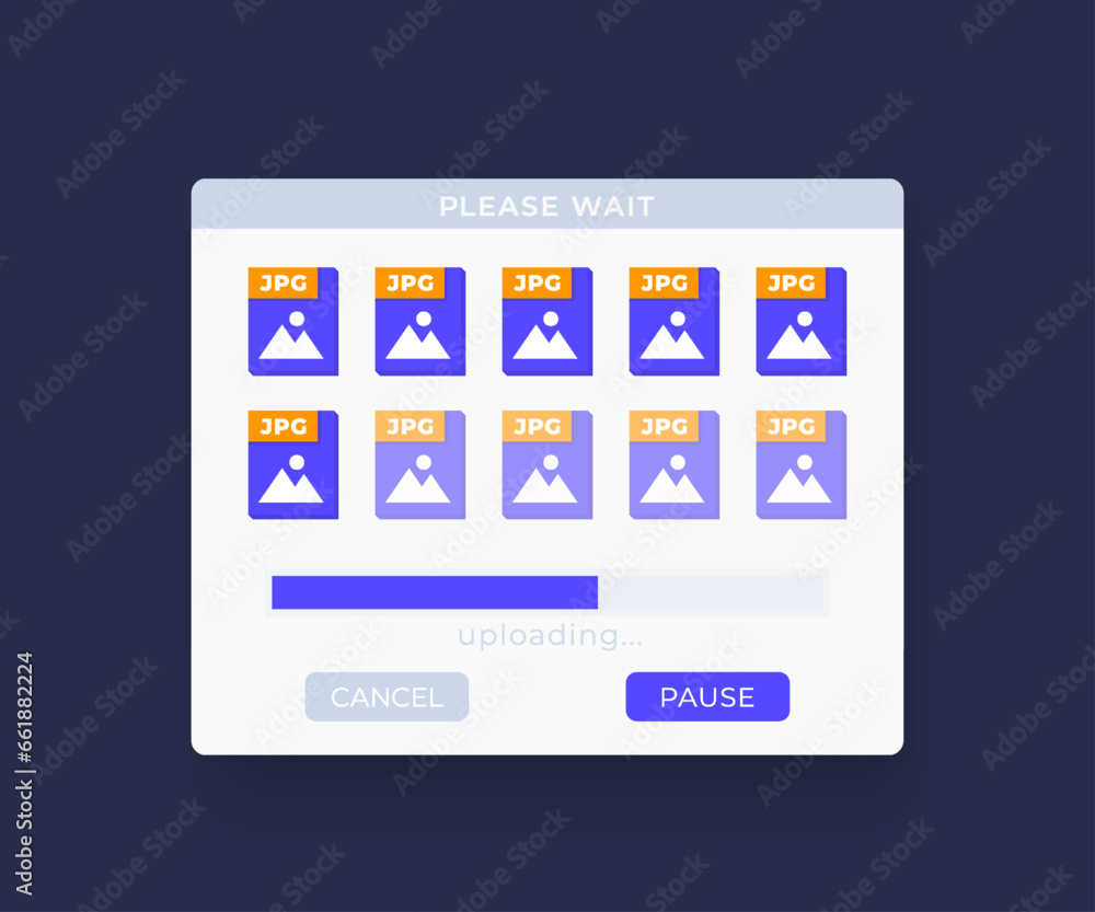 Upload jpg files window with progress bar, vector interface Upload jpg files window with progress bar, vector interface