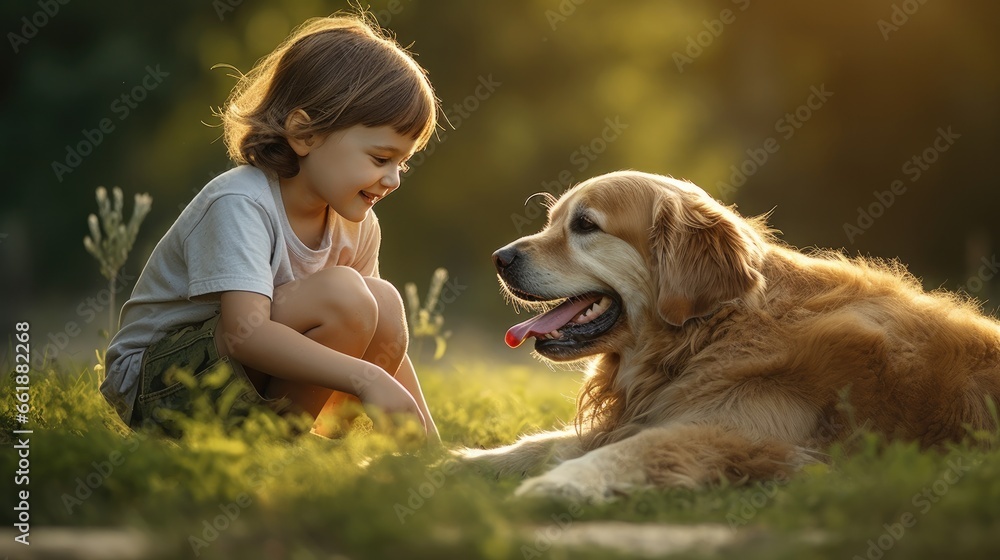 Young child playing with golden retriver