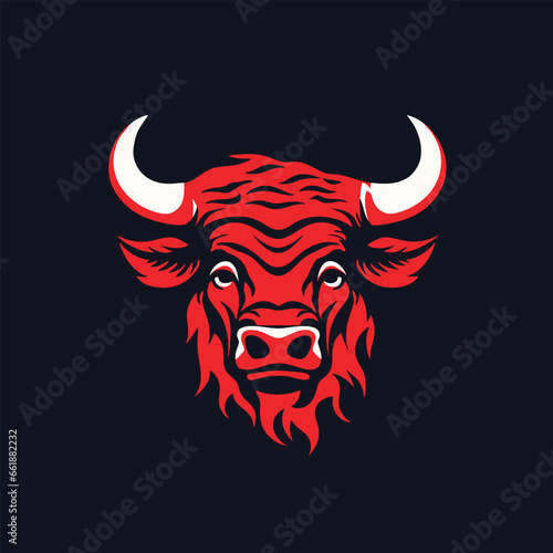 Red bull head mascot portrait with big horn. Buffalo logo vector illustration