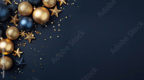 Modern Blue Christmas background with gold stars, balls. Greeting card design, Happy New Year © Roxana