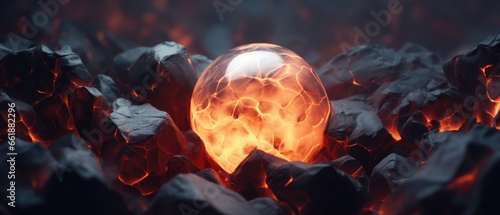 Burning magical crystal ball of flames, fire elemental spirit trapped inside, embedded into rocky magma ground.