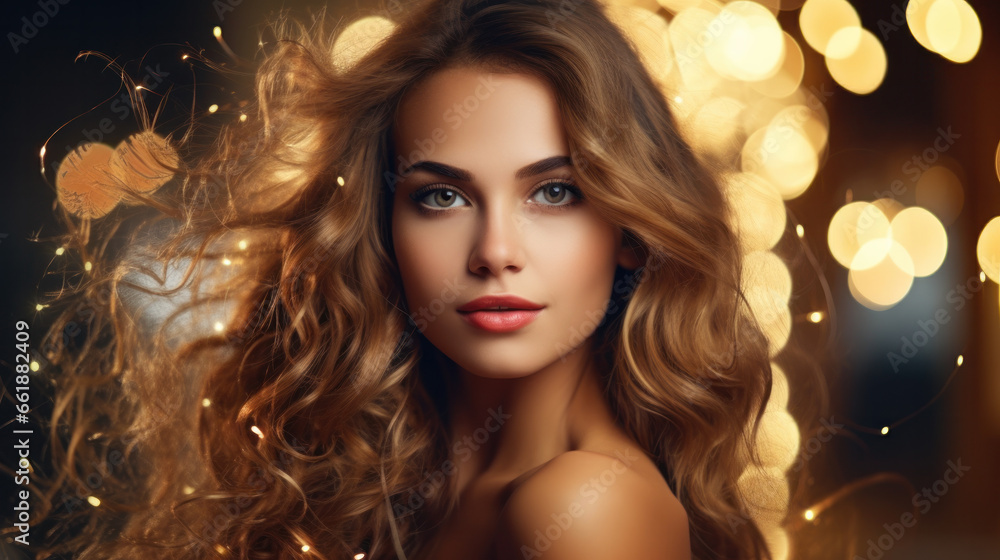 New Year's decorations are woven into the hairstyle of beautiful woman New Year's decorations are woven into the hairstyle of beautiful woman