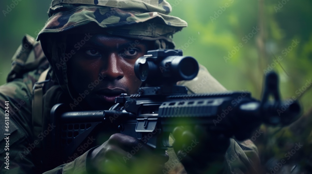 Young military army soldier looks into gun sight and aims