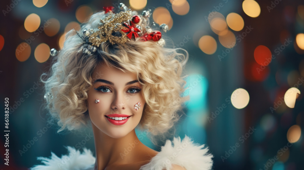New Year's decorations are woven into the hairstyle of beautiful woman