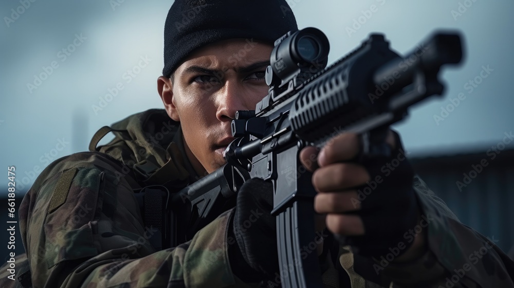 Young military army soldier looks into gun sight and aims