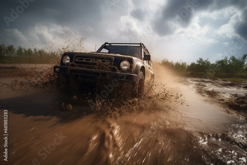 High-octane race on challenging terrain with muddy splashes. Intense, thrilling. Four-wheel drive. Generative AI