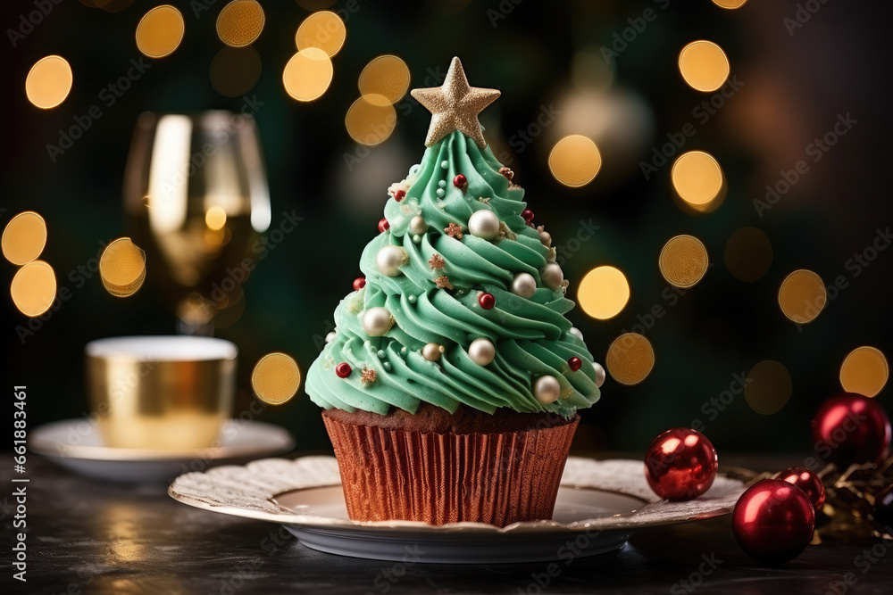 Christmas tree shaped cupcakes on the background of Christmas golden bokeh.Christmas holiday food Christmas tree shaped cupcakes on the background of Christmas golden bokeh.Christmas holiday food