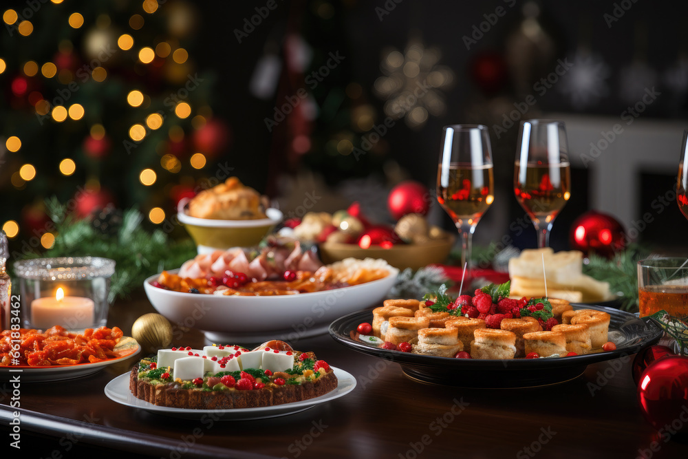 Naklejka premium Christmas dinner. Festive dishes on the table. Happy New Year and Merry Christmas