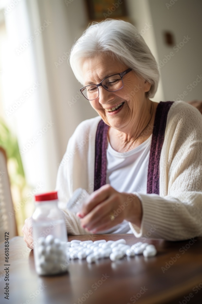 Femme sénior européenne prenant ses médicaments avec le sourire Femme sénior européenne prenant ses médicaments avec le sourire