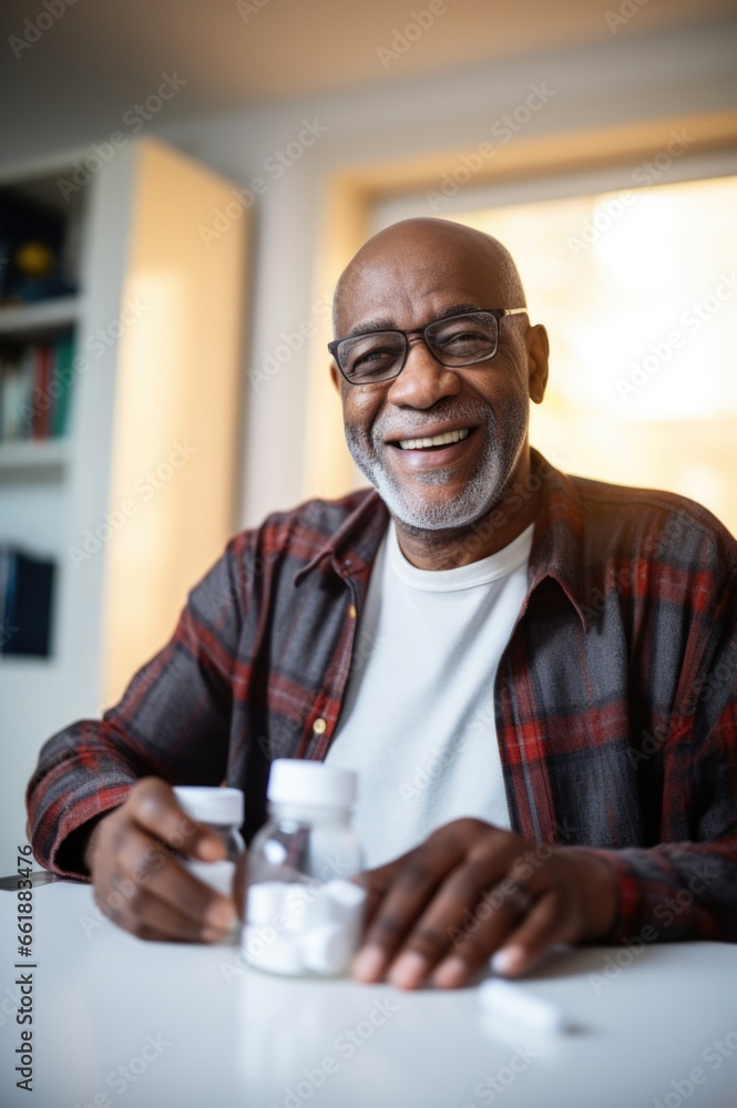 homme noir senior heureux avec compléments alimentaires et médicaments homme noir senior heureux avec compléments alimentaires et médicaments