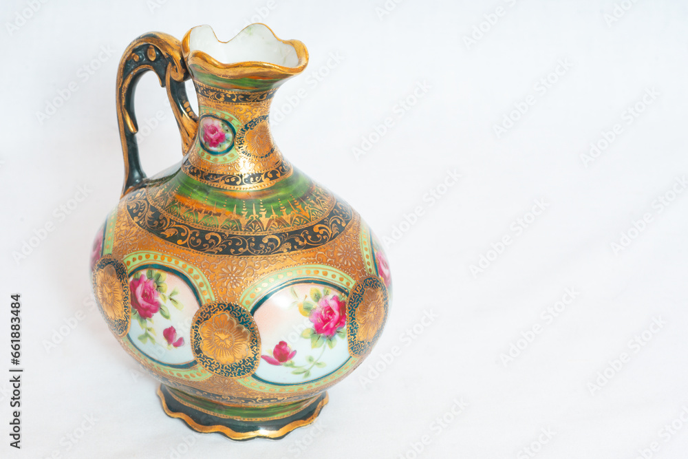 Antique Japanese Nippon Fine China Pitcher Vase Hand Painted Gold Gilt With Rose Flowers
