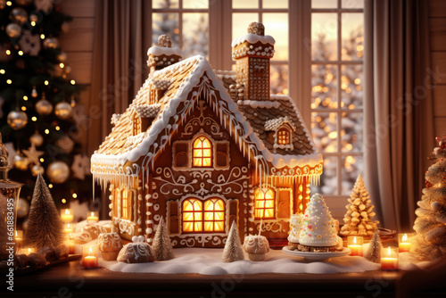 Luxurious Christmas gingerbread house on christmas kitchen background. Christmas baking, sweets. Hand decorated.Cozy home atmosphere, family time. Christmas greeting card cover