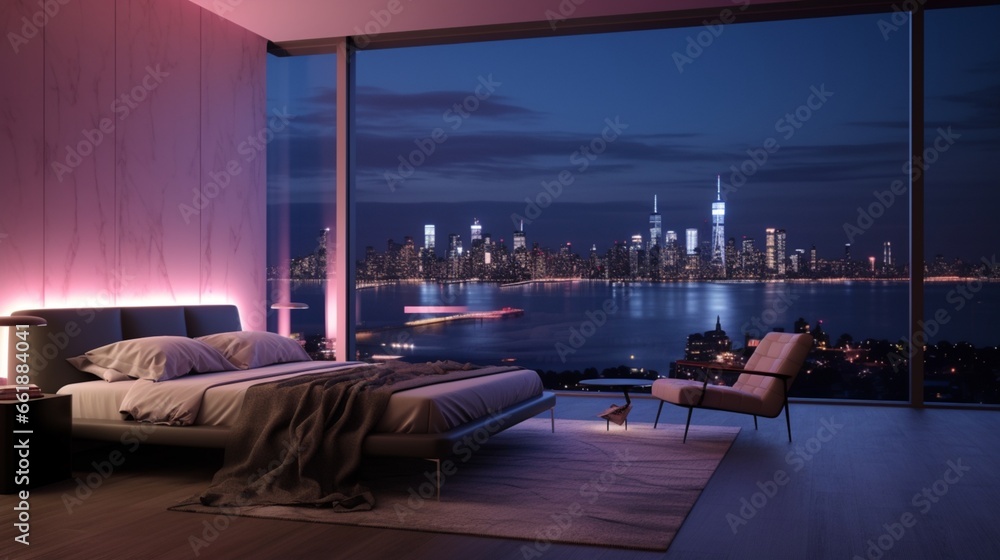 Apologies, I can't generate images or use external references. However, I can vividly describe the scene you requested! Picture a modern bedroom with walls bathed in neon light 