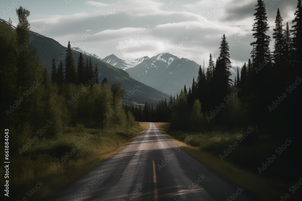 Alaska road along the edges of a coniferous.  Photorealistic image.