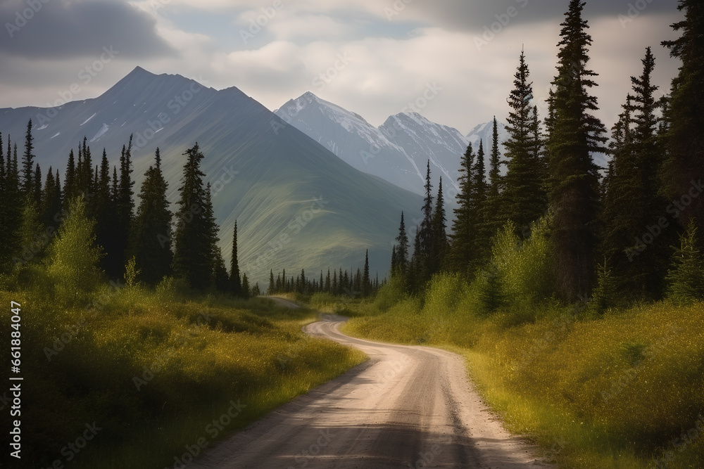 Alaska road along the edges of a coniferous.  Photorealistic image. 