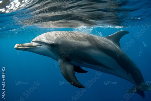 A dolphin swimming below the surface of the clear blue ocean. Generative AI