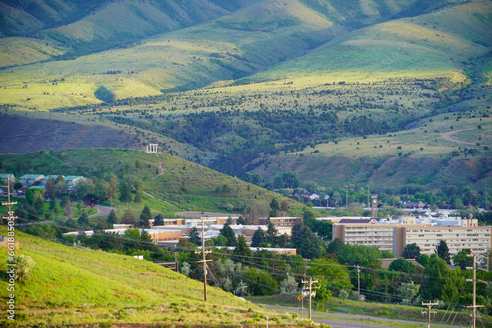 Landscape of house and mountain in city Pocatello in the state of Idaho