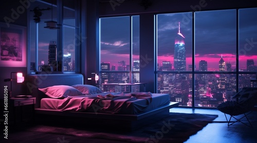  A softly-lit room adorned with vibrant neon accents  its crystal-clear floor providing an aerial view of a sprawling metropolis below  casting a dreamlike aura. 