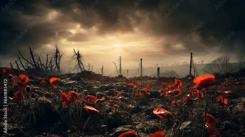 Photos of a world war one battlefield with poppies under dark skies.  - obrazy, fototapety, plakaty 