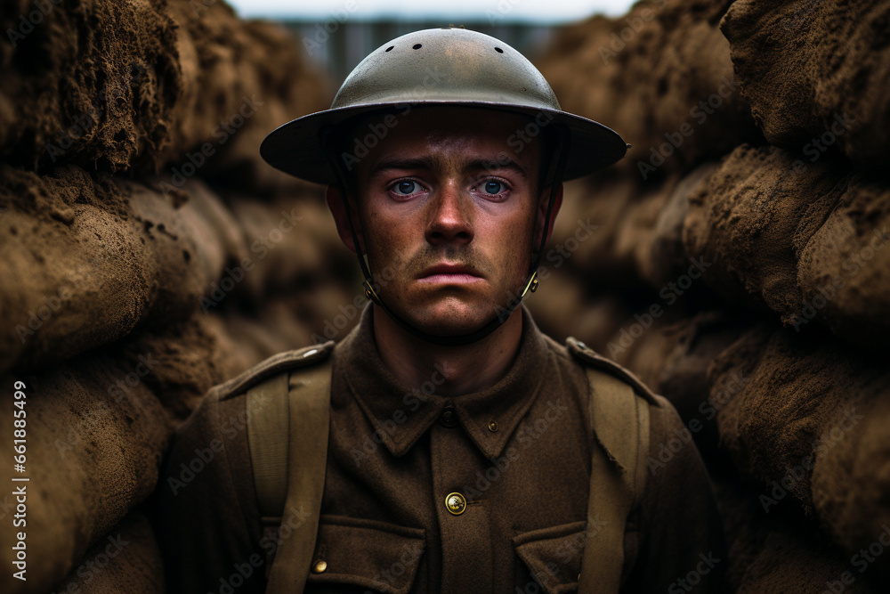 World war one British soldier standing in a trench looking towards the camera.  - obrazy, fototapety, plakaty 