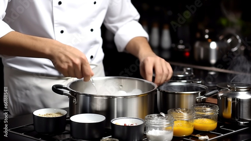 Get a glimpse of a chef creating culinary magic by meticulously adding ingredients to a dish in a close-up cooking scene.