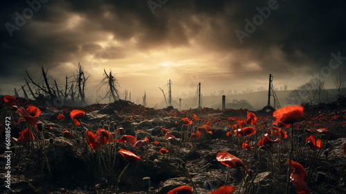 Photos of a world war one battlefield with poppies under dark skies. 