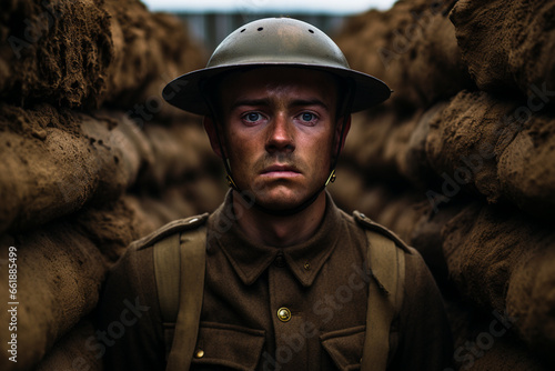 World war one British soldier standing in a trench looking towards the camera.  photo