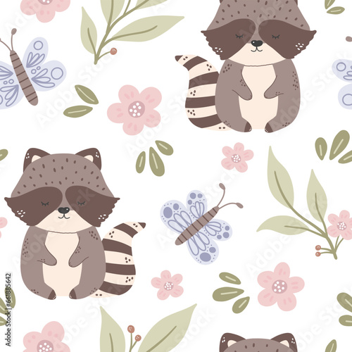 Cute raccoon pattern. Seamless background with funny baby animal. Repeating print with lovely character.