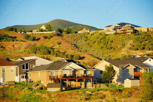 Landscape of house and mountain in city Pocatello in the state of Idaho	 photo