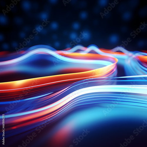 Colorful, playful neon light streams in blue, pink, red and orange on black background