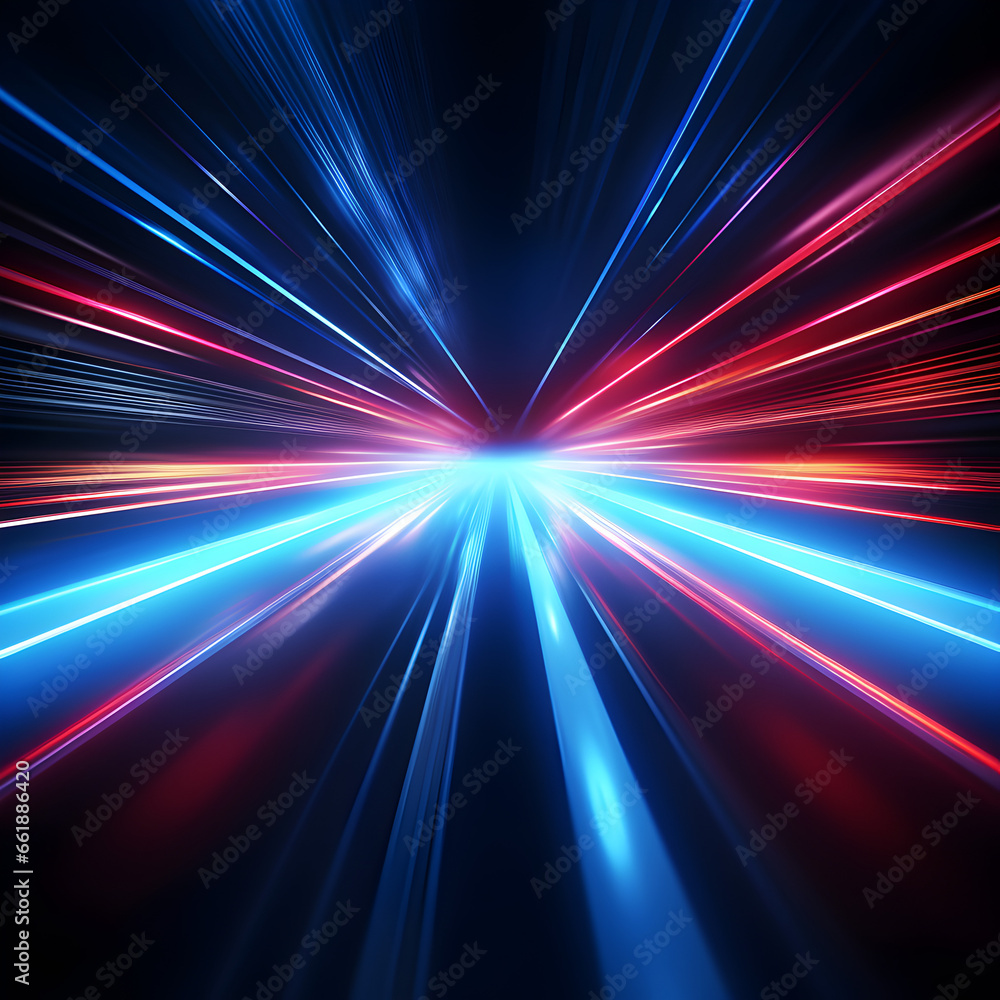 Colorful, playful neon light streams in blue, pink, red and orange on black background