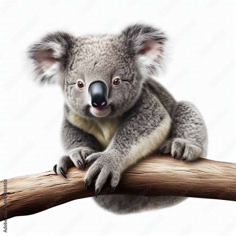 Fototapeta premium A koala bear standing on its hind legs. Funny koala isolated on a white background Study Learning Education Children School Books Homework Classroom Reading Writing