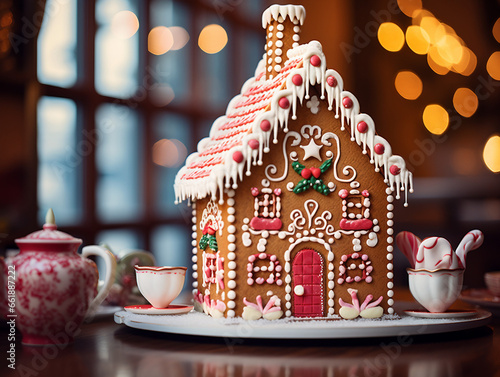 A tea room with a whimsical gingerbread house. generative ai  