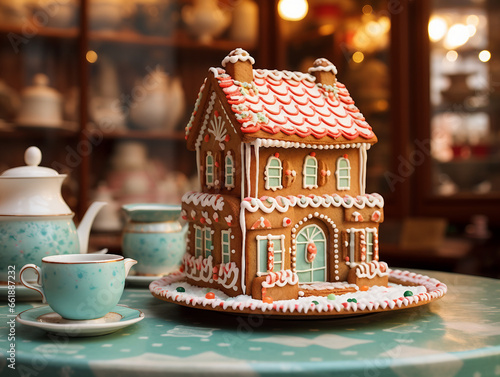 A tea room with a whimsical gingerbread house. generative ai  
