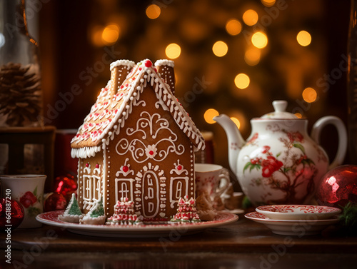 A tea room with a whimsical gingerbread house. generative ai  