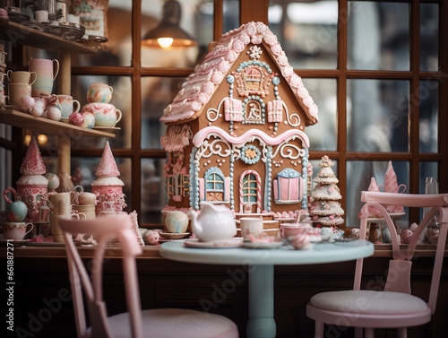 A tea room with a whimsical gingerbread house. generative ai  