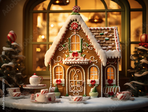 A tea room with a whimsical gingerbread house. generative ai 