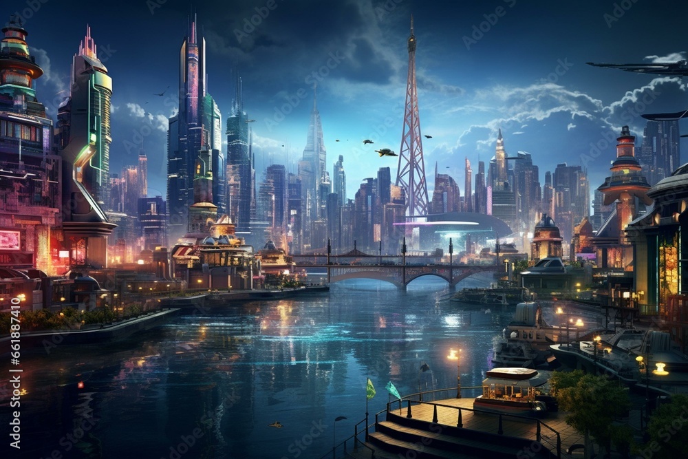 Vibrant metropolis: neon, noir, steampunk, realistic. Generative AI
