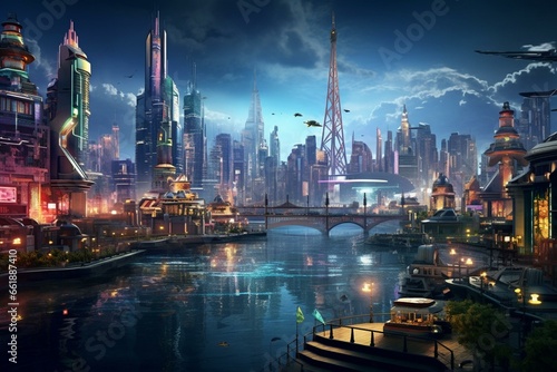 Vibrant metropolis: neon, noir, steampunk, realistic. Generative AI © Miriam