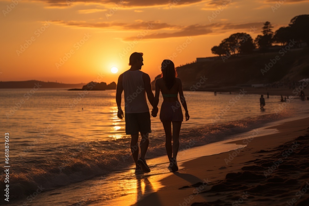 Loving couple on beach during sunset. Summer vacation together. Love, ocean, couple walking in nature. Romantic moment of a loving couple. Heterosexual relationships concept.