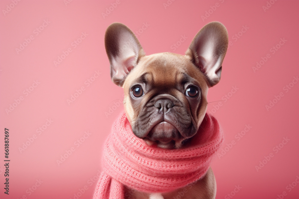 Cute French Bulldog dog with knitted winter scarf in front of pink background