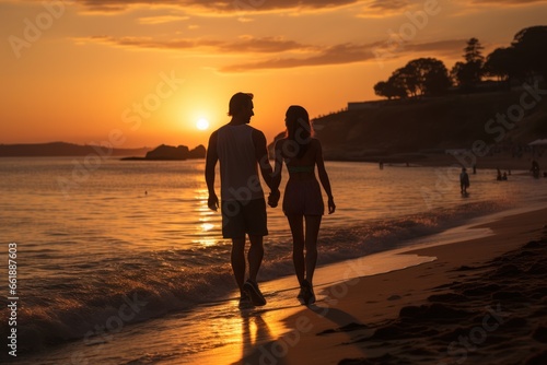 Loving couple on beach during sunset. Summer vacation together. Love, ocean, couple walking in nature. Romantic moment of a loving couple. Heterosexual relationships concept.